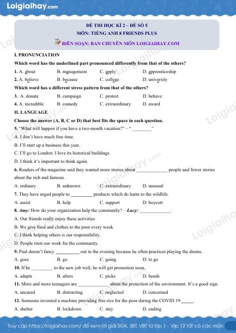 Đề thi học kì 2 Tiếng Anh 8 Friends Plus - Đề số 5